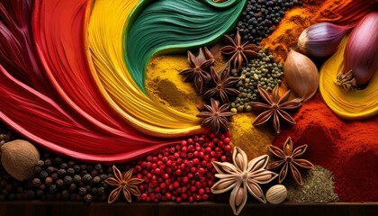a vibrant array of spices and herbs arranged in a colorful, abstract pattern.