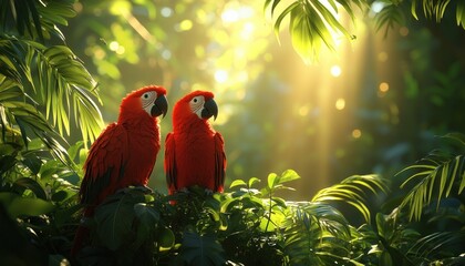 Poster - Two Red Macaws Perched in Lush Tropical Foliage with Sunbeams Streaming Through