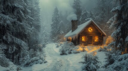 Poster - A charming cabin with glowing windows stands serene in a snowy forest, surrounded by tall trees, as gentle snowflakes fall in the early morning light.