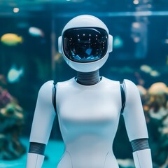 Poster - White humanoid robot with a round head and a black visor, standing in front of an aquarium.