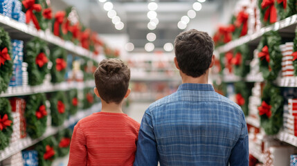 A heartwarming holiday shopping moment a father and son bonding over christmas decorations in a festive store aisle