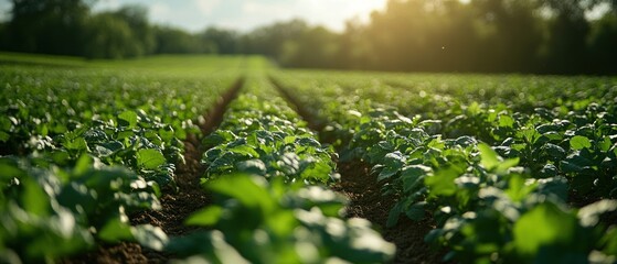 Poster - Lush Green Rows of Plants in a Field at Sunset