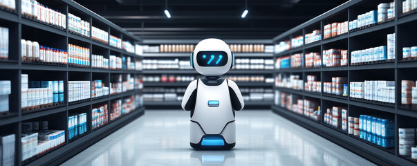 Poster - A robot is standing in a store aisle with shelves full of products. The robot is white and blue and he is a toy. Concept of playfulness and whimsy