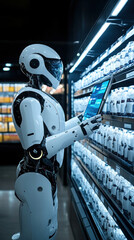 Poster - A robot is standing in a store aisle, looking at a computer screen. The robot is white and has a human-like appearance. The computer screen shows a variety of products, including bottles and cans