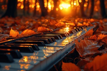 Aufkleber - Piano Keys Partially Covered in Fallen Autumn Leaves