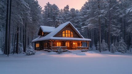 Poster - A charming log cabin stands amidst a snowy forest as dusk falls. Warm lights glow from the windows, enhancing the winter wonderland surrounding it.