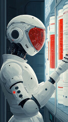 Poster - A robot is standing in front of a refrigerator with a red light on it. The robot is wearing a white helmet and has a red visor. The refrigerator is filled with various items, including a bottle
