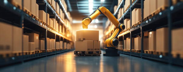 Poster - A robot is in a warehouse, surrounded by boxes. The robot is yellow and has a box in its hand. The warehouse is filled with boxes and shelves, and the robot is moving around