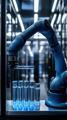 Poster - A robot is holding a bottle of medicine. The robot is blue and has a long arm. The bottles are lined up on a table