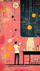 Poster - A man is standing in front of a table with a book in his hand. The table is cluttered with various bottles and vials. Concept of curiosity and exploration, as the man is reading