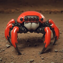 Poster - Red robotic crab with eight legs and multiple eyes on a rocky surface.