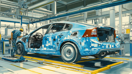 Poster - A blue car is being worked on in a factory. The car is blue and has a white stripe