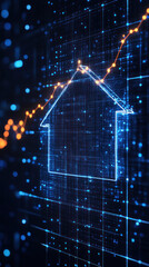 Poster - A house is shown in a blue and orange background with a downward trend line. The house is outlined in a black line, and the background is filled with a pattern of dots