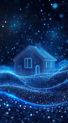 Poster - A house is shown in a blue and white color scheme with a snowy background. The house is surrounded by a lot of snow, giving it a wintery and cozy feel