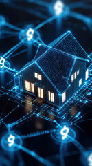 Poster - A house is shown in a blue and white color scheme with a lot of numbers and dollar signs