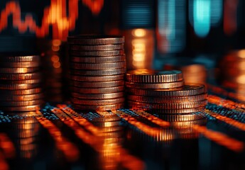 Poster - Stacks of Golden Coins with Blurry Lights Reflecting on a Shiny Surface