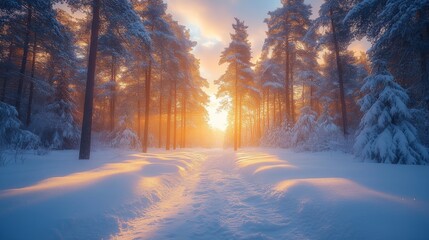 Leinwandbilder - Snow blankets the ground as sunlight filters through the towering trees in a serene forest. The soft colors of dawn create a peaceful atmosphere, inviting exploration.