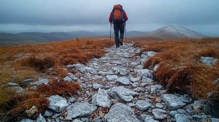 Poster - A lone hiker walks along a rugged path covered with stones and heather, showcasing the beauty of nature on a cloudy autumn day in the hills.