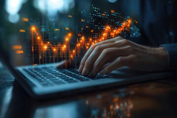 Poster - Hand Typing on Laptop with Holographic Financial Data Visualization