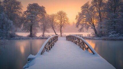 Aufkleber - Snow blankets the wooden bridge leading over a tranquil lake, complemented by frosty trees as the dawn light casts a warm glow on the landscape.