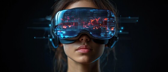 Poster - Woman Wearing Virtual Reality Headset with Futuristic Interface
