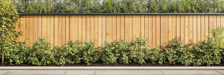 Fototapete - A neatly constructed wooden fence borders a thriving garden bed where various green plants flourish under the sunlight. Generative AI