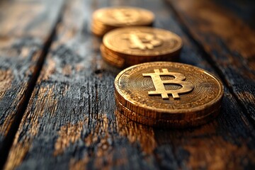 Aufkleber - Close-up of a Bitcoin Cryptocurrency Coin on a Wooden Surface