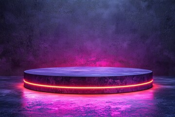 Poster - Circular Platform with Neon Light Against a Textured Purple Wall