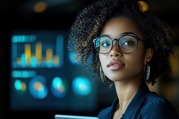 Poster - A young woman in glasses looking thoughtfully at a screen