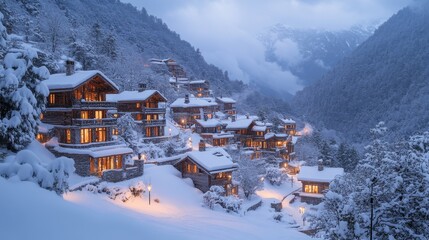 Poster - A cozy mountain village is enveloped in snow, with warm lights glowing from wooden homes. The serene landscape is picturesque, featuring tall trees and misty mountains in the background.