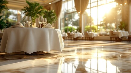 A table set for two with a white tablecloth, glasses, and plates in a luxurious restaurant with large windows and sunlight streaming in.