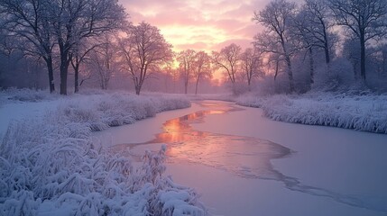 Aufkleber - A tranquil winter scene unfolds as the sun rises, casting soft pink and orange hues over a frozen river. Snow blankets the trees and ground, creating a peaceful atmosphere.