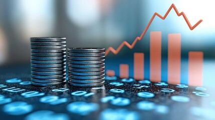 Poster - Stacks of Coins with a Red Arrow and Bar Graph