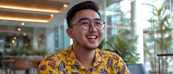 Wall Mural - A man wearing glasses and a yellow shirt smiles brightly. AI.