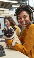 Wall Mural - A woman smiles while working on her laptop with her dog by her side. AI.