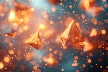 Poster - Two Golden Geometric Pyramids Floating in a Blur of Warm Bokeh Lights