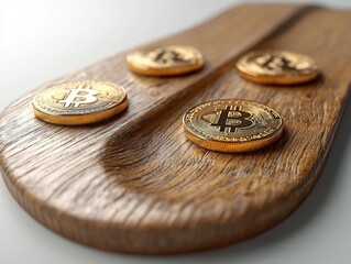 Poster - Three Gold Bitcoin Coins Resting on a Wooden Surface