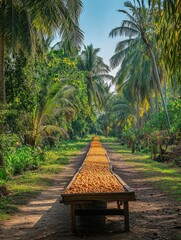 Poster - Rows of vibrant vegetables stretch along a path in a tropical garden, framed by tall palm trees and clear skies. Generative AI