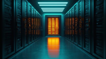 Poster - A futuristic server room illuminated by neon lights, featuring rows of data cabinets and a glowing entryway that hints at advanced technology.
