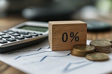 Poster - Wooden Block with Zero Percent Sign, Calculator, and Coins on Graph Paper