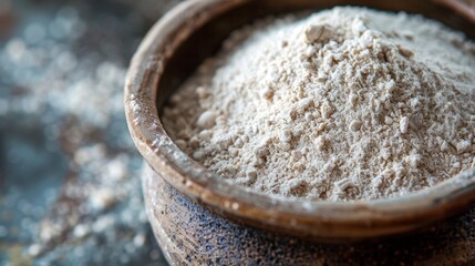 Wall Mural - A closeup of a bowl of buckwheat flour revealing its distinctive speckled texture.