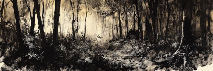 Leinwandbilder - The artwork captures a dense forest filled with detailed trees and deep shadows, creating an enchanting, mysterious ambiance at dusk. Generative AI