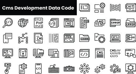 Fototapete - Set of outline cms development data code icons