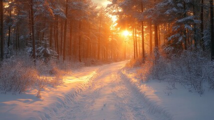 Aufkleber - The sun sets behind tall trees, casting a warm glow on a snowy trail in a serene winter landscape, creating a peaceful and enchanting atmosphere.