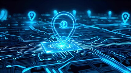 a glowing blue location pin sits atop a circuit board, surrounded by other pins, symbolizing the int