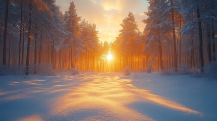 Aufkleber - As the sun sets in a winter forest, the sky fills with warm colors while light filters through towering pines, illuminating the sparkling snow below.