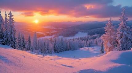 Poster - A tranquil winter landscape showcases a stunning sunset casting warm hues over a snow-blanketed valley and towering trees, creating a serene atmosphere.
