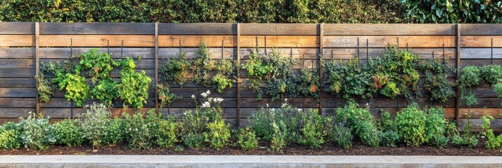 Fototapete - A rustic wooden fence serves as a backdrop to lush green garden beds filled with assorted herbs and vibrant plants on a sunny day. Generative AI