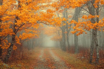 Poster - Foggy Forest Path with Vibrant Autumn Leaves