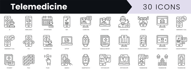 Poster - Set of outline telemedicine icons. Minimalist thin linear web icon set. vector illustration.